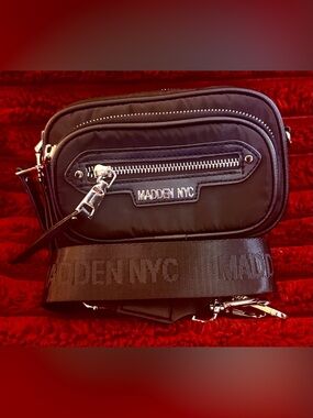 Madden NYC Black Nylon Belt Bag with Logo Strap